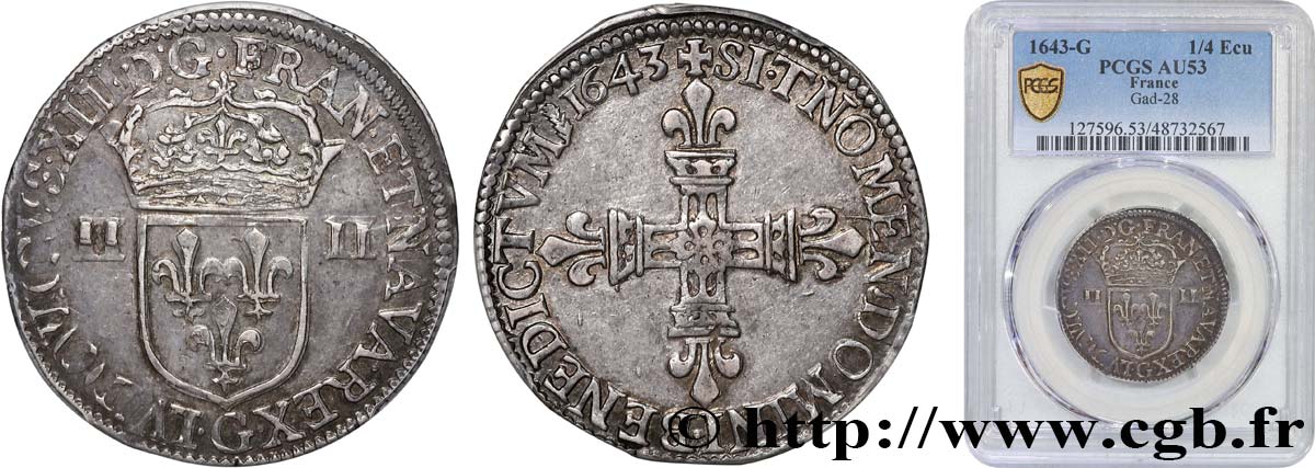 LOUIS XIII LE JUSTE Quart d&nbsp;écu, à la croix fleurdelisée, titulature côté écu 1643 Poitiers TTB53