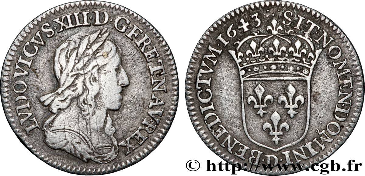 LOUIS XIII  Douzième d&nbsp;écu, buste drapé et cuirassé (2e buste de Jean Warin) 1643 Lyon VF/XF