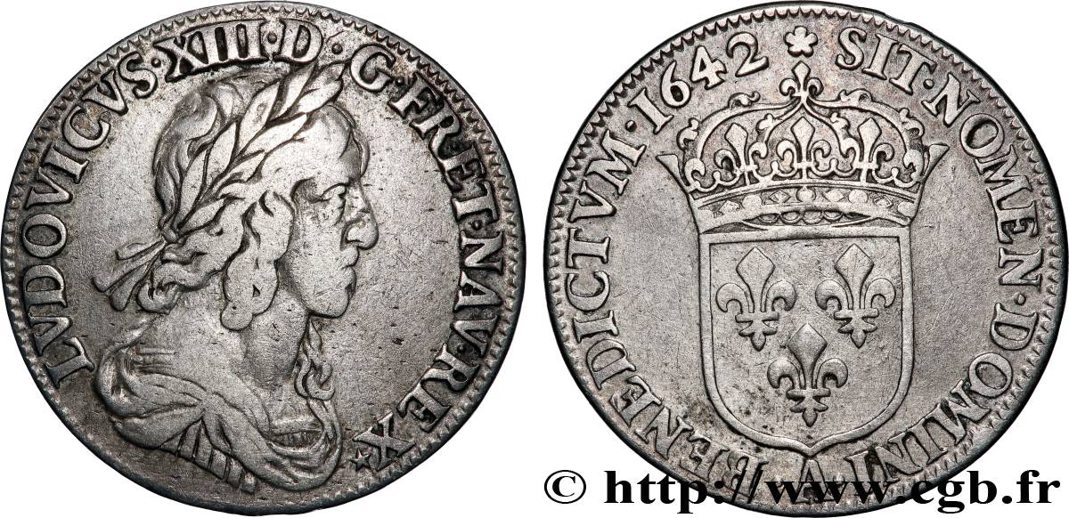 LOUIS XIII  Quart d&nbsp;écu, buste drapé et cuirassé (2e buste de Jean Warin) 1642 Paris, Monnaie de Matignon VF/XF