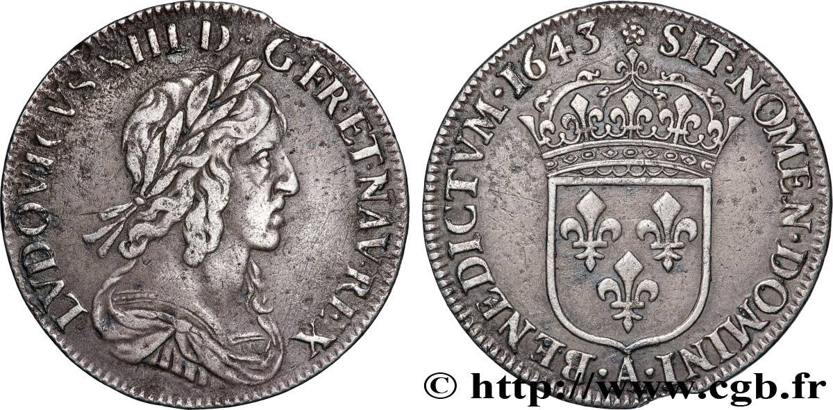 LOUIS XIII  Quart d&nbsp;écu, buste drapé et cuirassé (2e buste de Jean Warin) 1643 Paris, Monnaie de Matignon XF/AU