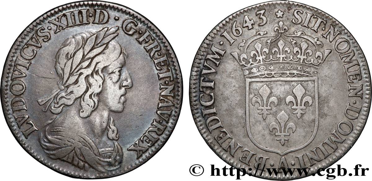 LOUIS XIII Quart d&nbsp;écu, buste drapé et cuirassé (2e buste de Jean Warin) 1643 Paris, Monnaie de Matignon VF/XF