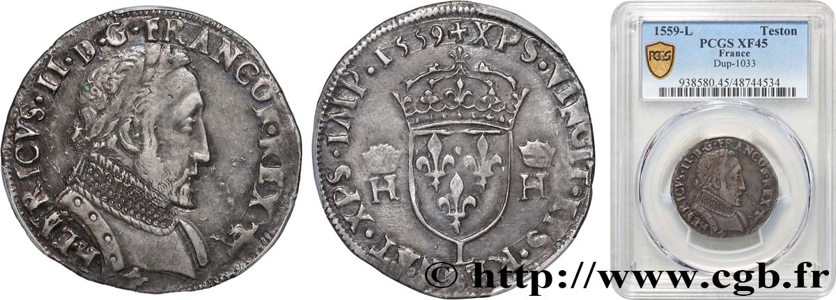 FRANÇOIS II. MONNAYAGE AU NOM D&nbsp;HENRI II Teston au buste lauré, 2e type 1559 Bayonne TTB45
