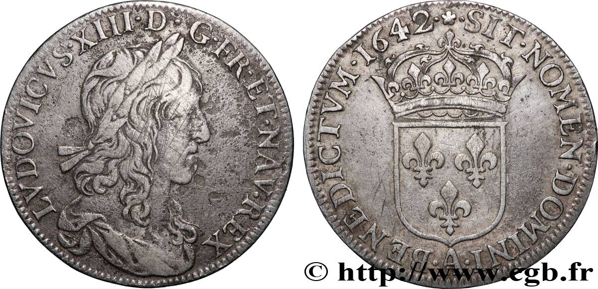 LOUIS XIII LE JUSTE Demi-écu, buste drapé (1er buste de Jean Warin) 1642 Paris, Monnaie de Matignon TB+/TTB