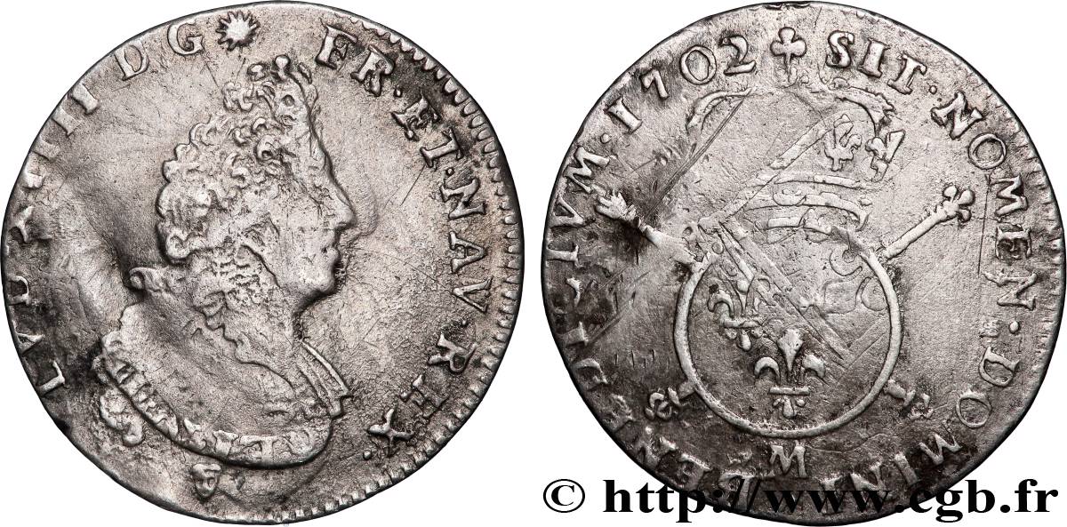 LOUIS XIV &nbsp;THE SUN KING&nbsp; Douzième d&nbsp;écu aux insignes 1702 Toulouse VF