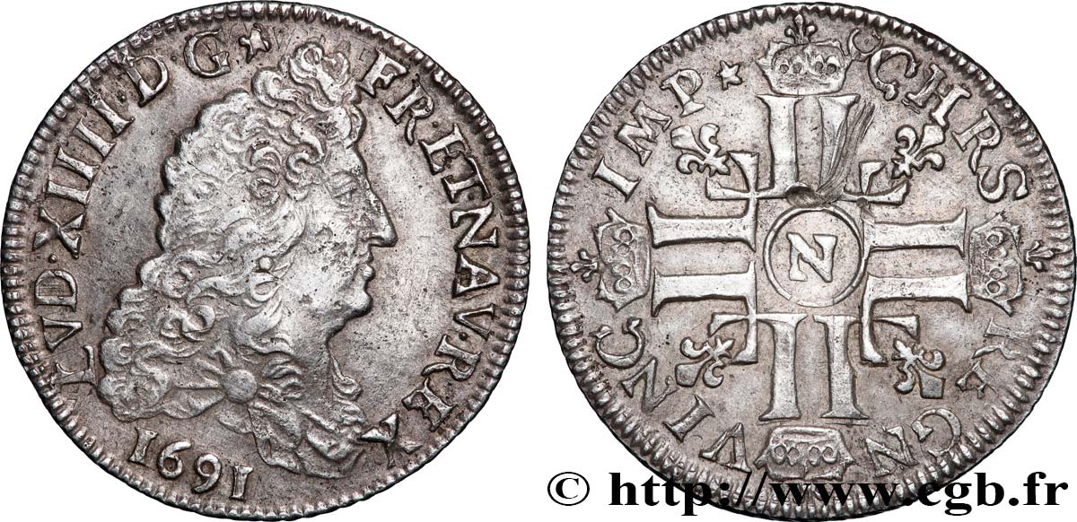 LOUIS XIV LE GRAND OU LE ROI SOLEIL Quart d&nbsp;écu aux huit L, 1er type 1691 Montpellier TTB