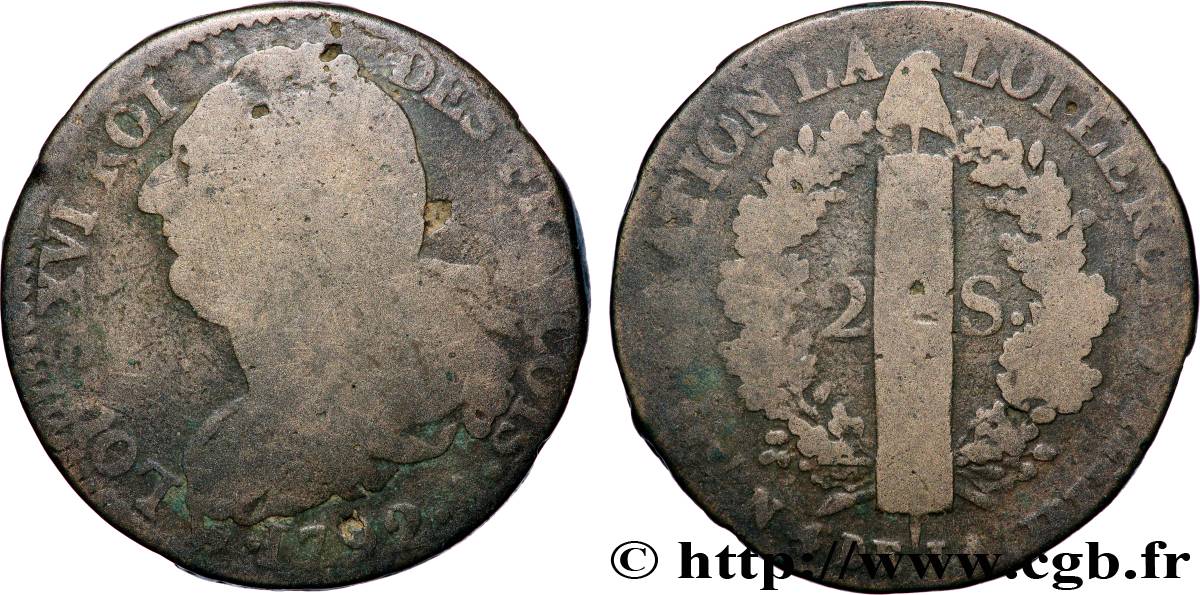 LOUIS XVI (MONARQUE CONSTITUTIONNEL)  2 sols dit &nbsp;au faisceau&nbsp;, type FRANÇOIS 1792 Paris B+