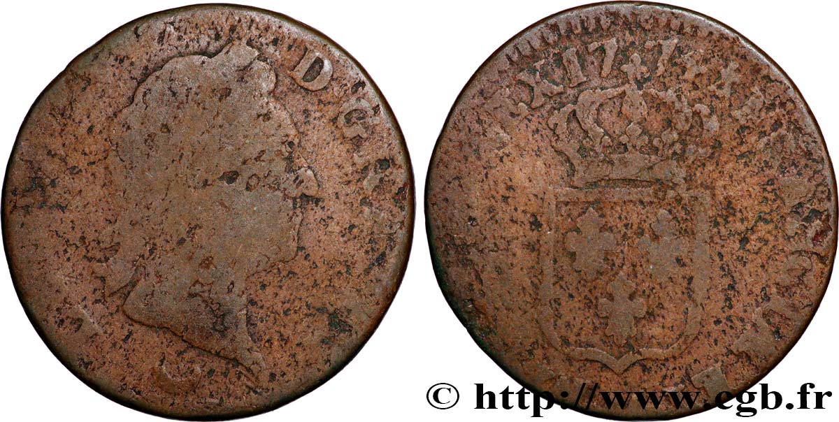 LOUIS XV DIT LE BIEN AIMÉ Sol dit &nbsp;à la vieille tête&nbsp; 1774 Metz B
