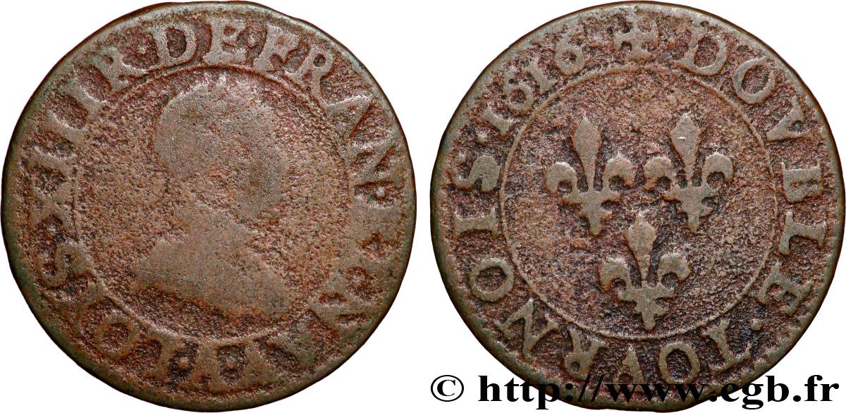 LOUIS XIII LE JUSTE Double tournois, type 1 1616 Paris, Moulin du Louvre B/TB