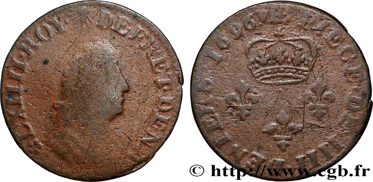 LOUIS XIV LE GRAND OU LE ROI SOLEIL Quatre deniers 1696 Strasbourg B