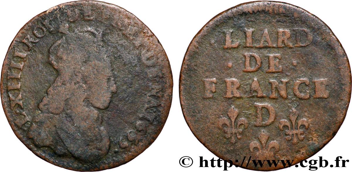 LOUIS XIV LE GRAND OU LE ROI SOLEIL Liard de cuivre, 2e type 1655 Vimy-en-Lyonnais (actuellement Neuville-sur-Saône) B/TB