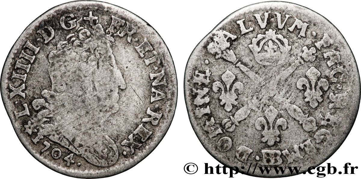 LOUIS XIV &nbsp;THE SUN KING&nbsp; Cinq sols aux insignes 1704 Strasbourg S/fSS