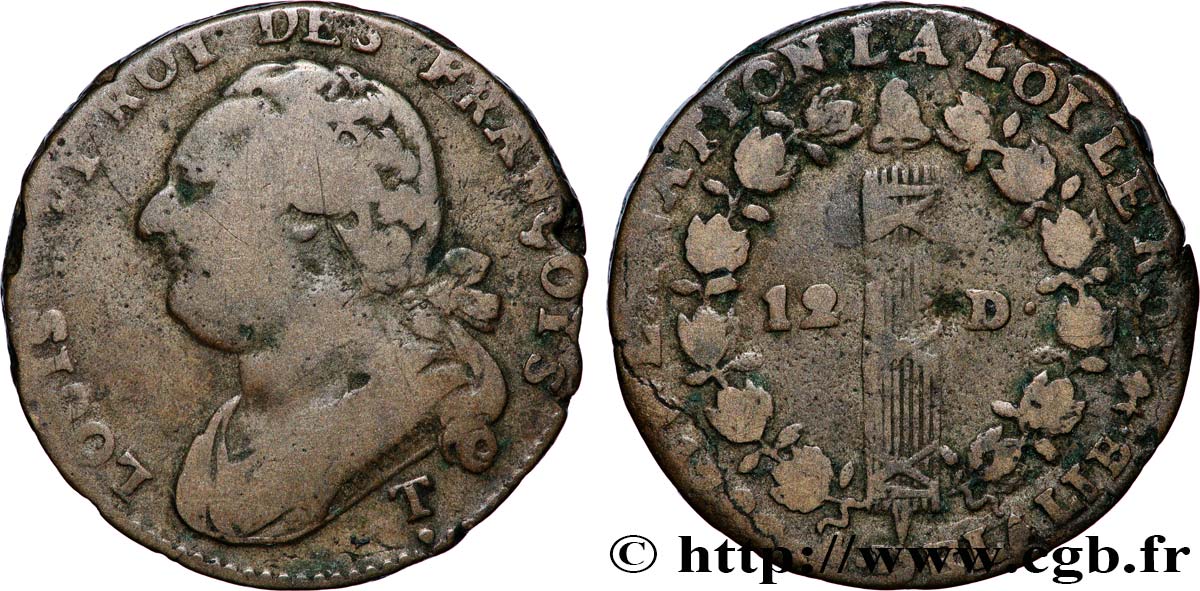LOUIS XVI (MONARQUE CONSTITUTIONNEL)  12 deniers dit &nbsp;au faisceau&nbsp;, type FRANÇOIS 1792 Saumur TB