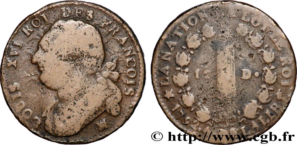 LOUIS XVI (MONARQUE CONSTITUTIONNEL)  12 deniers dit &nbsp;au faisceau&nbsp;, type FRANCOIS 1792 Marseille TB