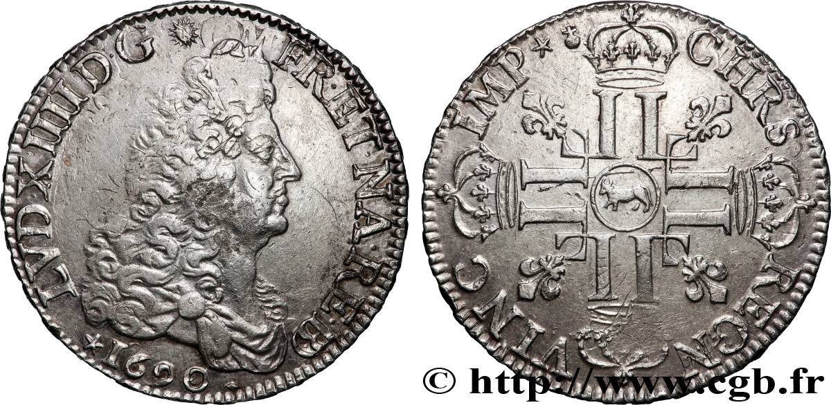 LOUIS XIV &nbsp;THE SUN KING&nbsp; Écu aux huit L, 1er type 1690 Pau AU