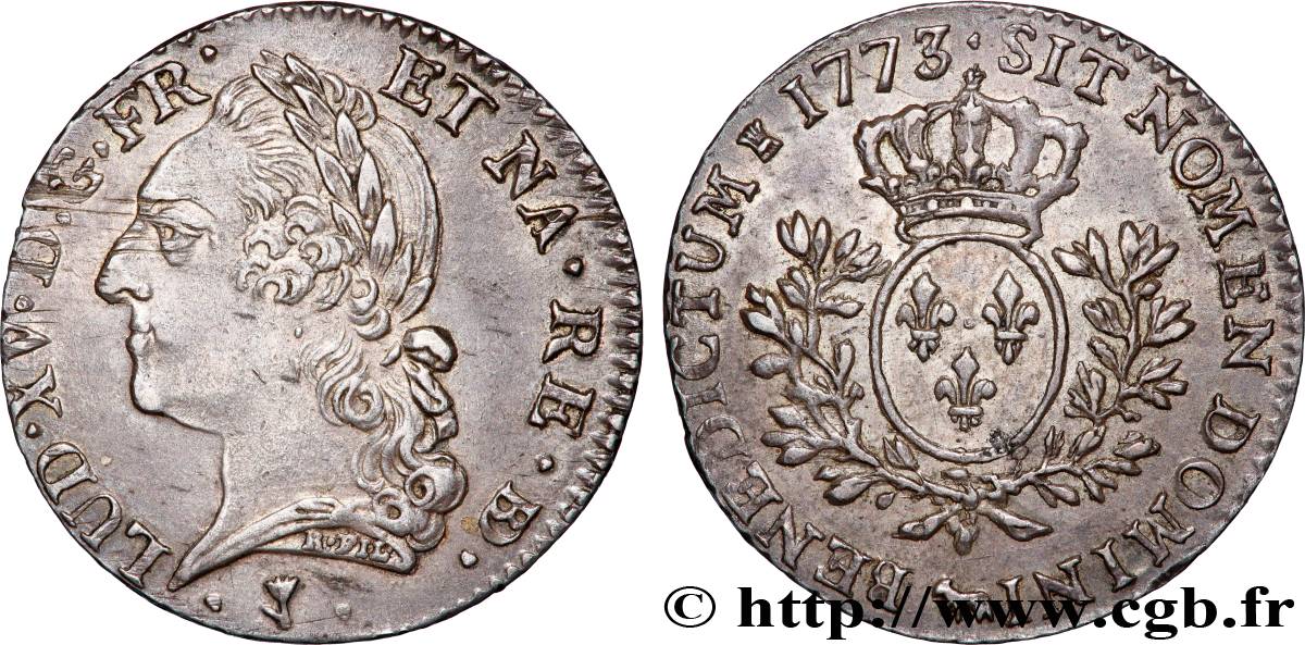 LOUIS XV THE BELOVED Cinquième d&nbsp;écu aux branches d’olivier, buste lauré 1773 Pau AU/AU