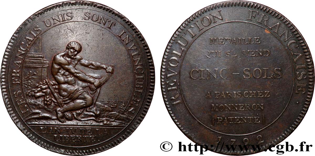 REVOLUTION COINAGE Monneron de 5 sols à l&nbsp;Hercule 1792  fVZ/SS