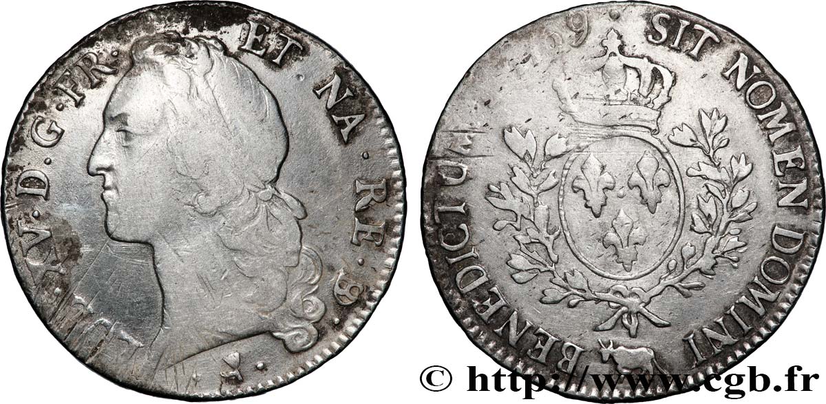 LOUIS XV &nbsp;THE WELL-BELOVED&nbsp; Écu aux branches d’olivier, tête ceinte d’un bandeau 1769 Pau VF