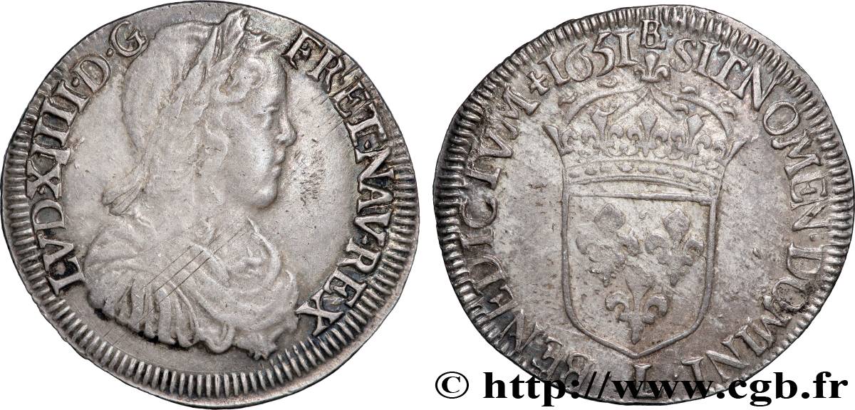 LOUIS XIV &nbsp;THE SUN KING&nbsp; Demi-écu, portrait à la mèche longue 1651 Bayonne VF