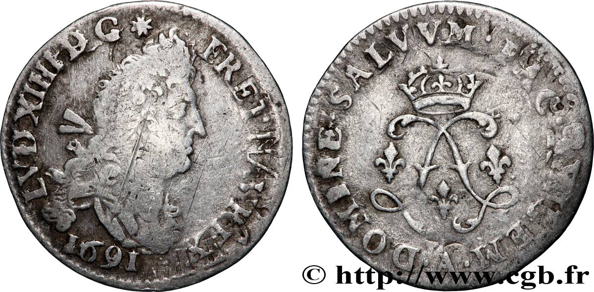 LOUIS XIV LE GRAND OU LE ROI SOLEIL Quatre sols aux deux L 1691 Paris TB