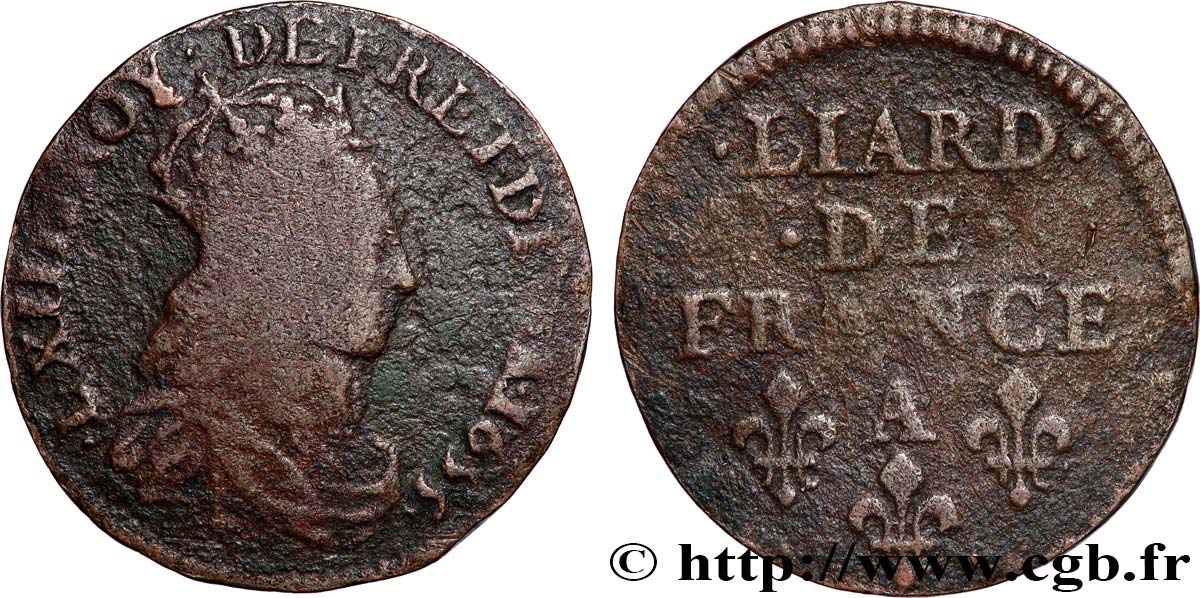 LOUIS XIV &nbsp;THE SUN KING&nbsp; Liard de cuivre, 2e type 1655 Corbeil VF