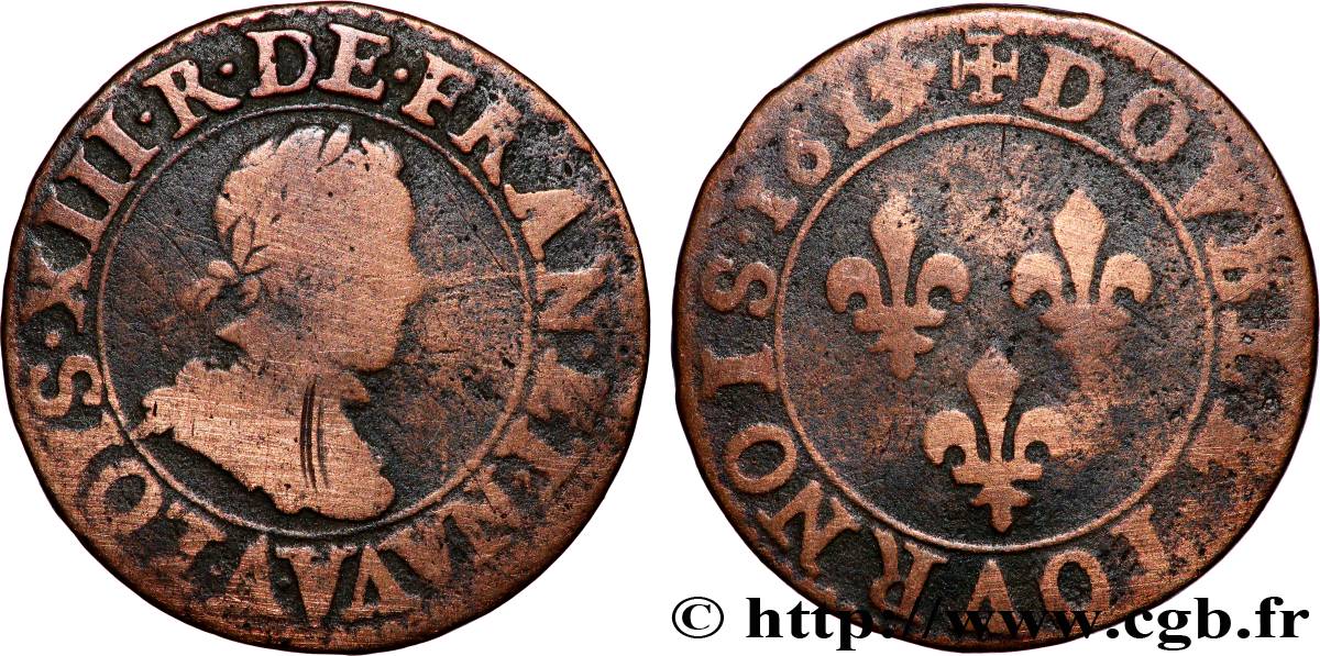 LOUIS XIII  Double tournois, type 1 161[?] Paris, Moulin du Louvre VF