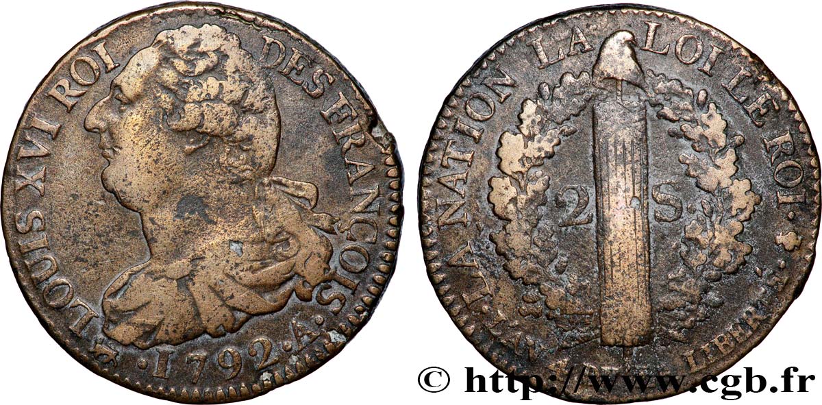 LOUIS XVI (MONARQUE CONSTITUTIONNEL)  2 sols dit &nbsp;au faisceau&nbsp;, type FRANÇOIS 1792 Paris TTB/TB+
