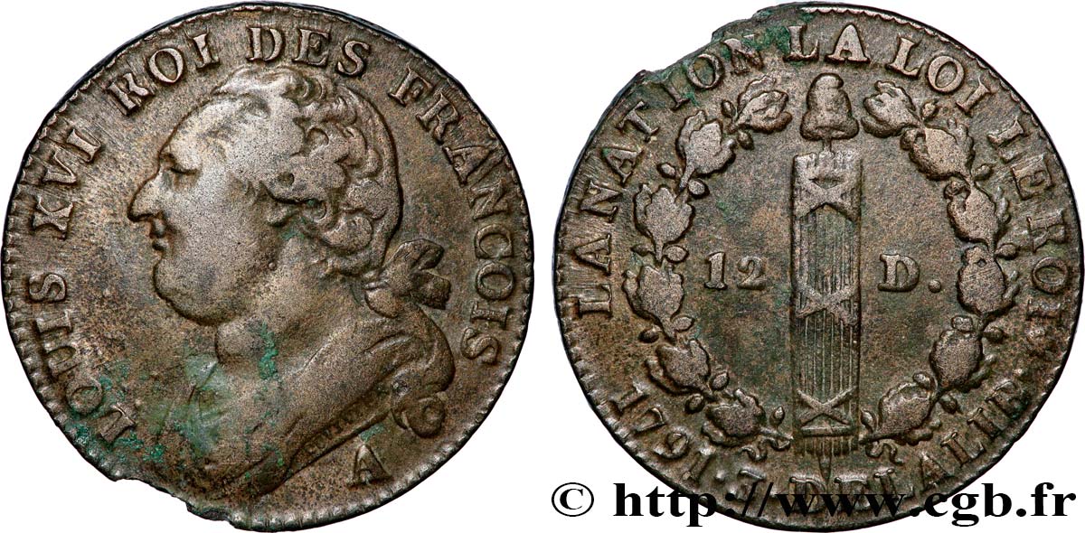 LOUIS XVI (MONARQUE CONSTITUTIONNEL)  12 deniers dit &nbsp;au faisceau&nbsp;, type FRANÇOIS 1791 Paris TB+