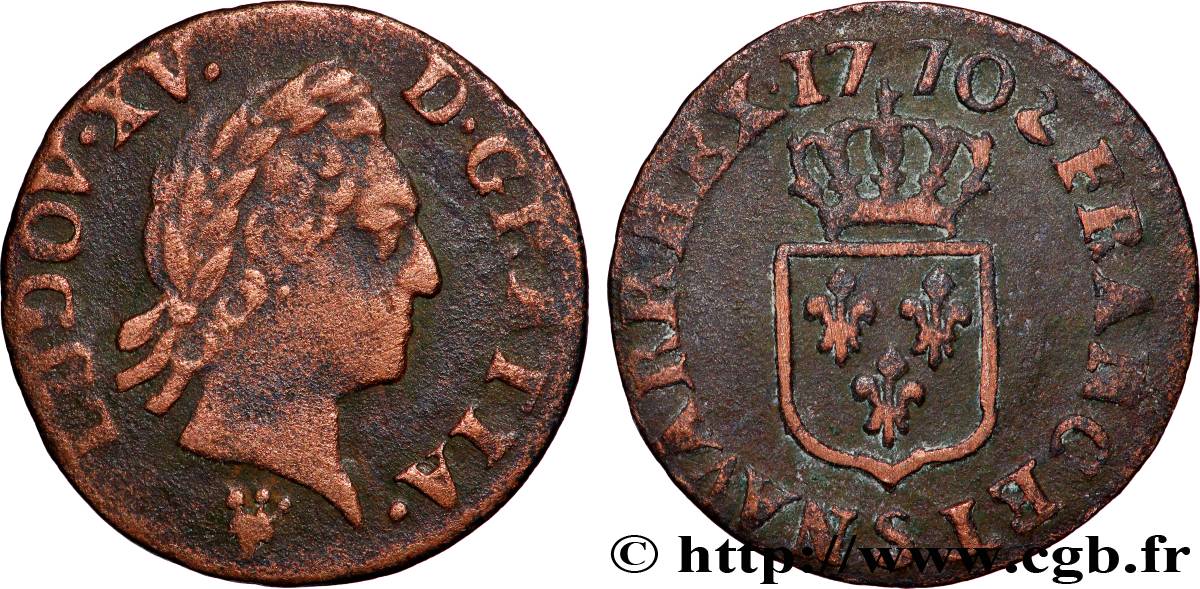 LOUIS XV DIT LE BIEN AIMÉ Liard dit &nbsp;à la vieille tête&nbsp; 1770 Reims TB+