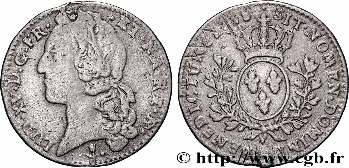 LOUIS XV &nbsp;THE WELL-BELOVED&nbsp; Cinquième d’écu aux branches d’olivier, tête ceinte d’un bandeau 1758 Pau VF