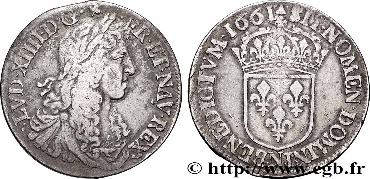 LOUIS XIV &nbsp;THE SUN KING&nbsp; Demi-écu, portrait apollinien 1661 Montpellier VF/VF
