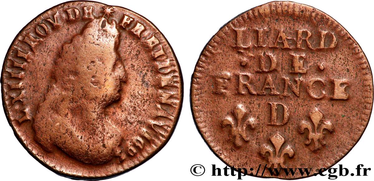 LOUIS XIV LE GRAND OU LE ROI SOLEIL Liard, 3e type, buste âgé 169[?] Lyon B+/TB