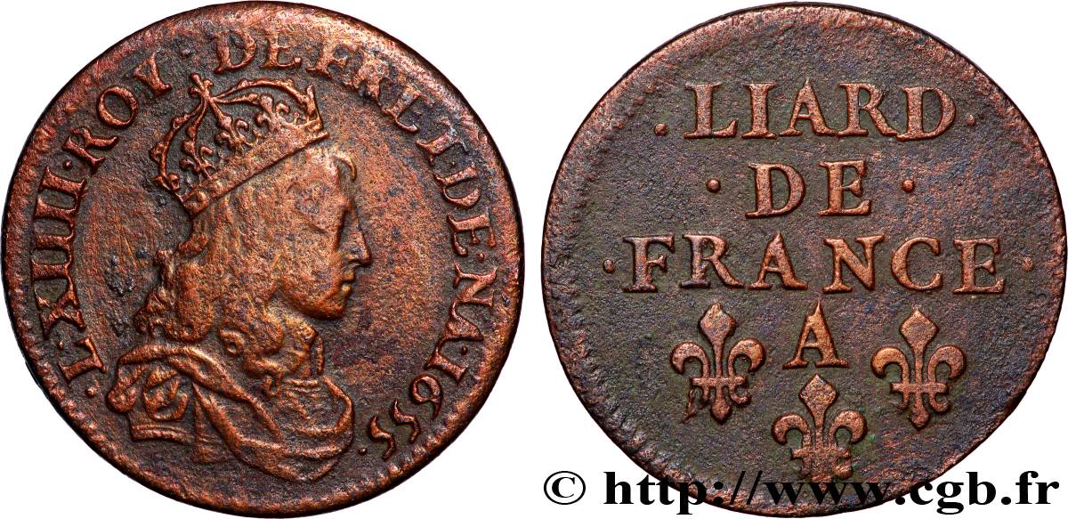 LOUIS XIV LE GRAND OU LE ROI SOLEIL Liard de cuivre 1655 Corbeil TTB