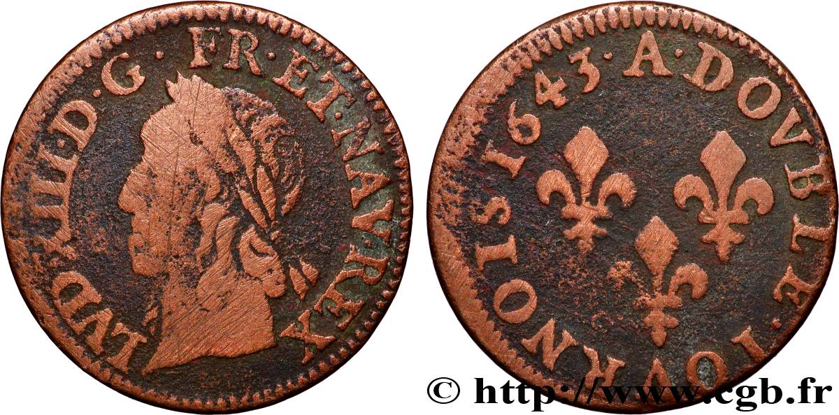 LOUIS XIII  Double tournois, type de Warin 1643 Corbeil VF