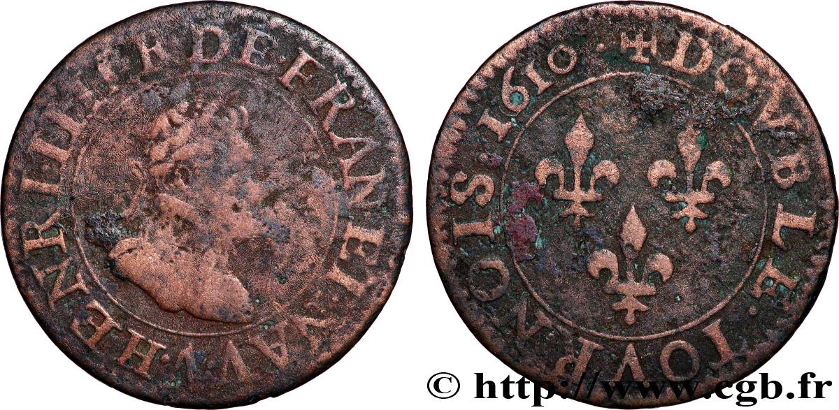 HENRY IV Double tournois, 2e type de Paris (légende française) 1610 Paris, Moulin des Étuves VF