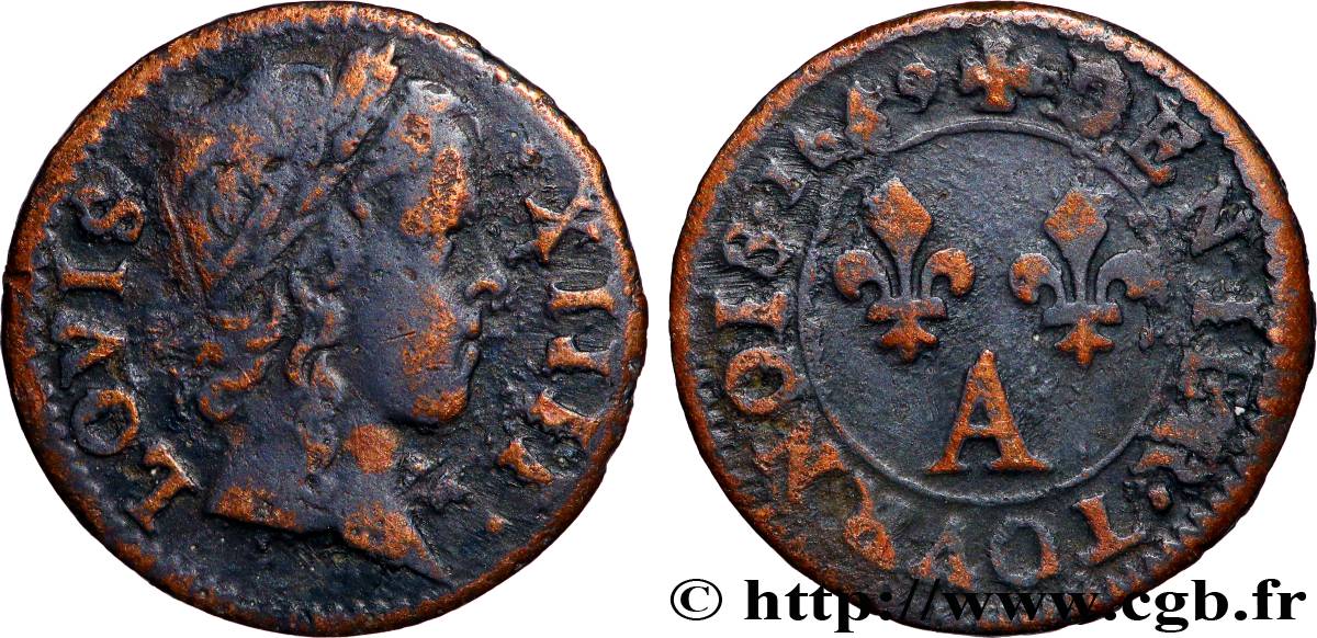 LOUIS XIV LE GRAND OU LE ROI SOLEIL Denier tournois 1649 Paris, Moulin du Louvre TB+