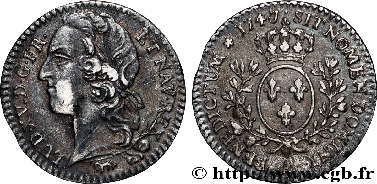 LOUIS XV DIT LE BIEN AIMÉ Dixième d&nbsp;écu aux branches d’olivier, tête ceinte d’un bandeau 1747 Paris TTB