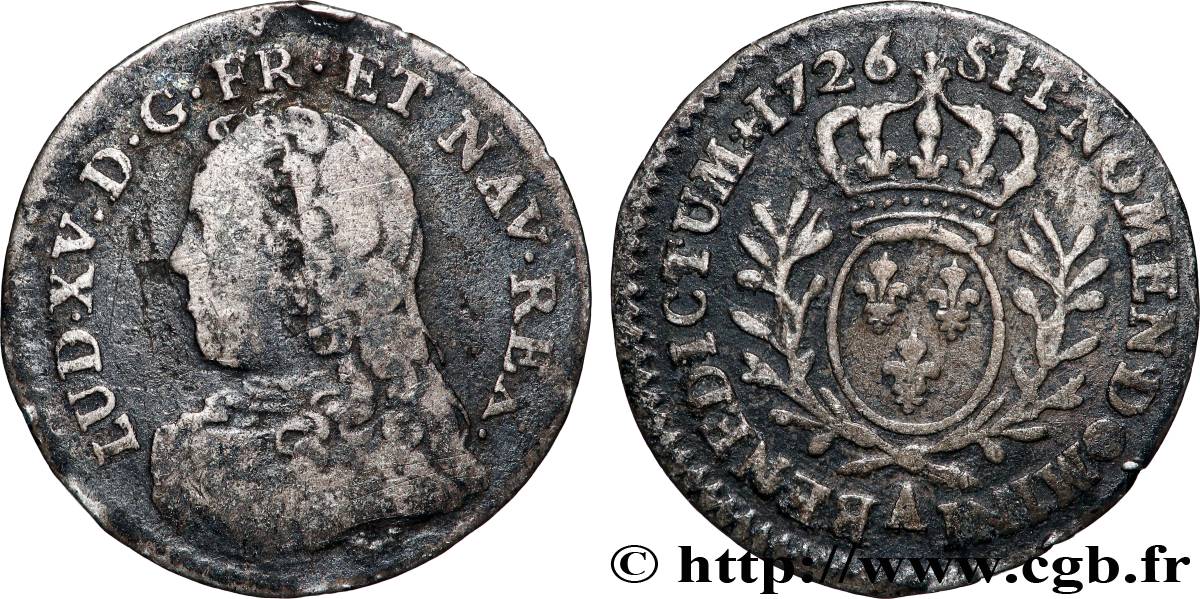 LOUIS XV DIT LE BIEN AIMÉ Vingtième d’écu aux branches d’olivier, buste habillé 1726 Paris TB/TB+