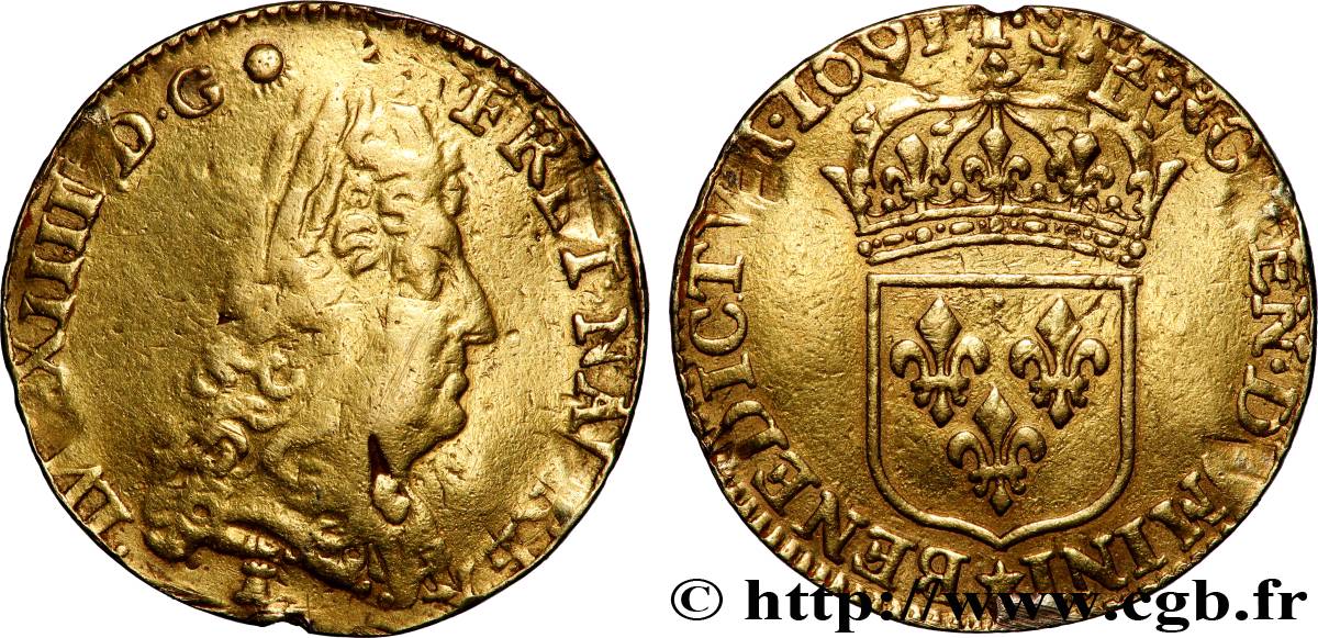LOUIS XIV LE GRAND OU LE ROI SOLEIL Demi-louis d&nbsp;or à l&nbsp;écu 1691 Limoges TB/TTB