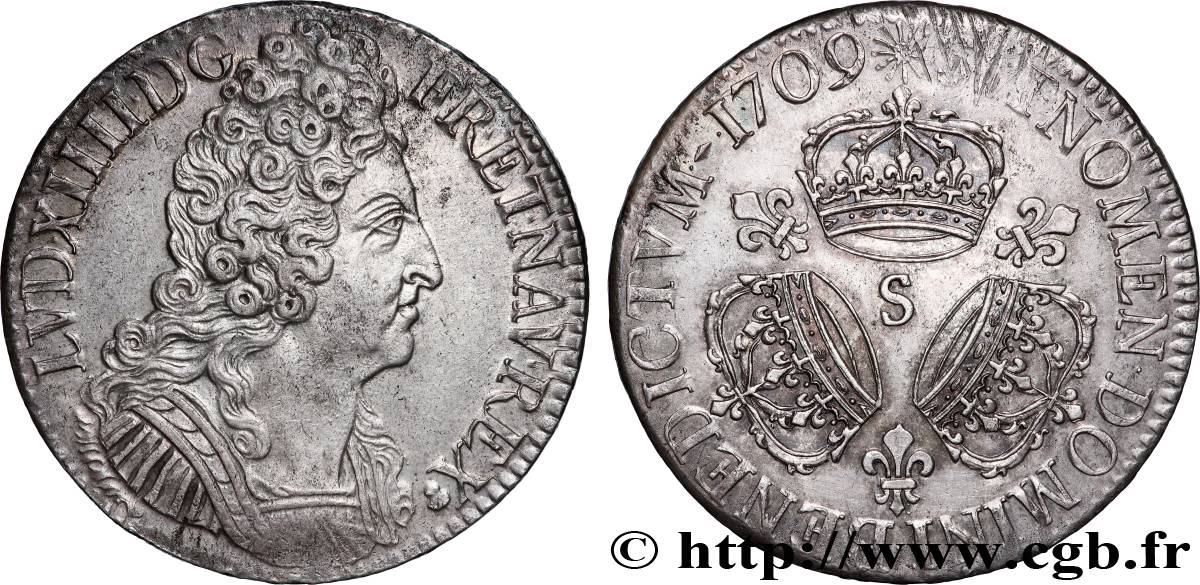 LOUIS XIV LE GRAND OU LE ROI SOLEIL Écu aux trois couronnes 1709 Reims SUP