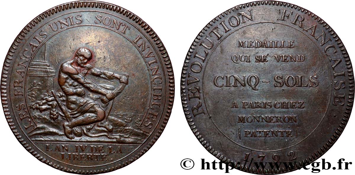 CONFIANCE (MONNAIES DE...) Monneron de 5 sols à l&nbsp;Hercule 1792  TTB+