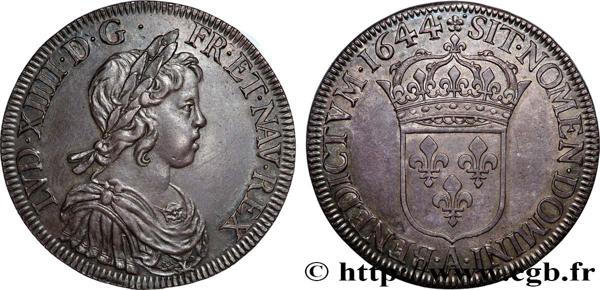 LOUIS XIV LE GRAND OU LE ROI SOLEIL Écu, portrait à la mèche courte 1644 Paris, Monnaie de Matignon SUP