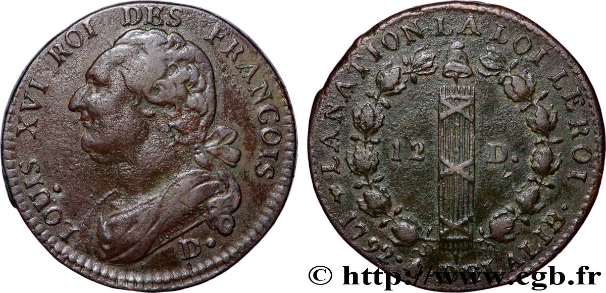 LOUIS XVI (MONARQUE CONSTITUTIONNEL)  12 deniers dit &nbsp;au faisceau&nbsp;, type FRANCOIS 1792 Dijon TTB/TTB+