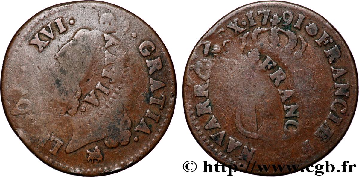 LOUIS XVI Sol dit &nbsp;à l&nbsp;écu&nbsp; 1791 Rouen TB