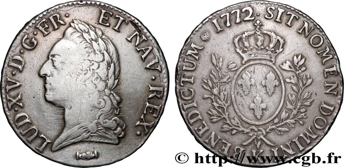 LOUIS XV &nbsp;THE WELL-BELOVED&nbsp; Écu aux branches d’olivier, buste lauré 1772 Bordeaux SS