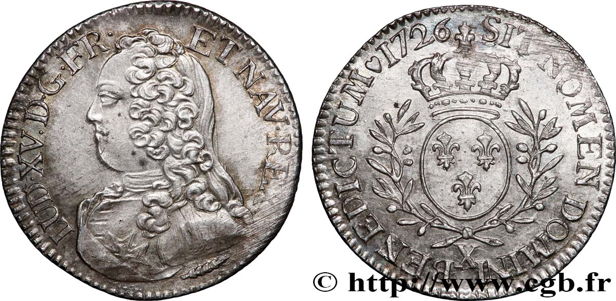 LOUIS XV &nbsp;THE WELL-BELOVED&nbsp; Cinquième d&nbsp;écu aux branches d&nbsp;olivier, buste habillé 1726 Amiens EBC/SC