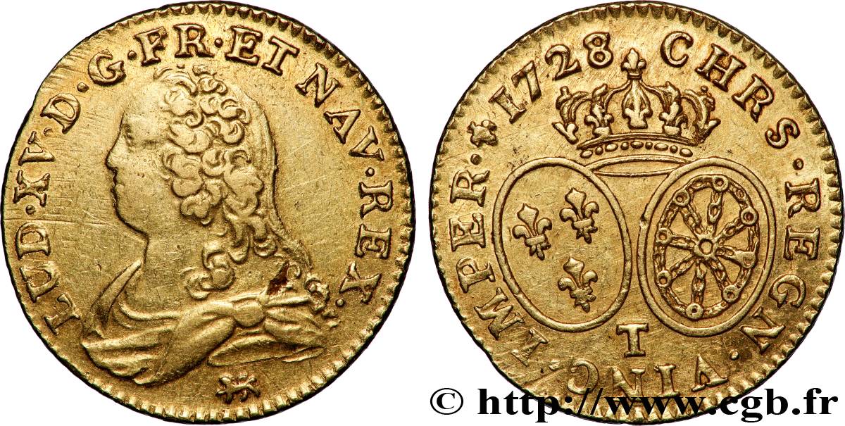 LOUIS XV DIT LE BIEN AIMÉ Louis d&nbsp;or aux écus ovales, buste habillé 1728 Nantes TTB/SUP