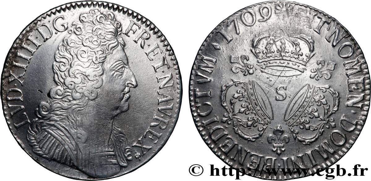 LOUIS XIV LE GRAND OU LE ROI SOLEIL Écu aux trois couronnes 1709 Reims TTB