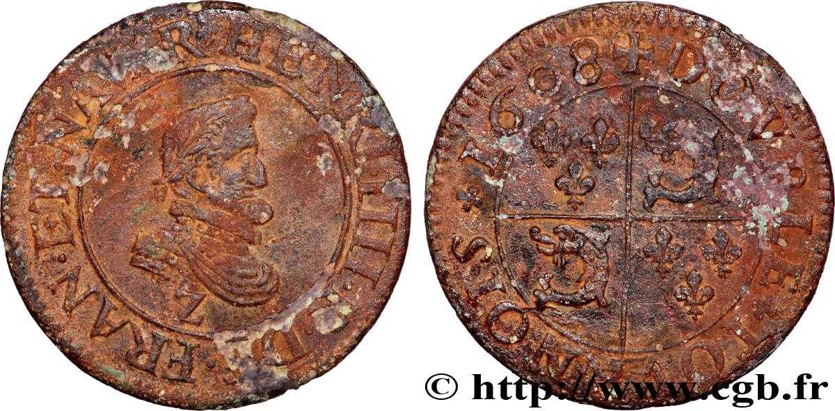 HENRY IV Double tournois au type du Dauphiné, frappé à Lyon au différent de Grenoble 1608 Lyon au différent de Grenoble SS/fVZ