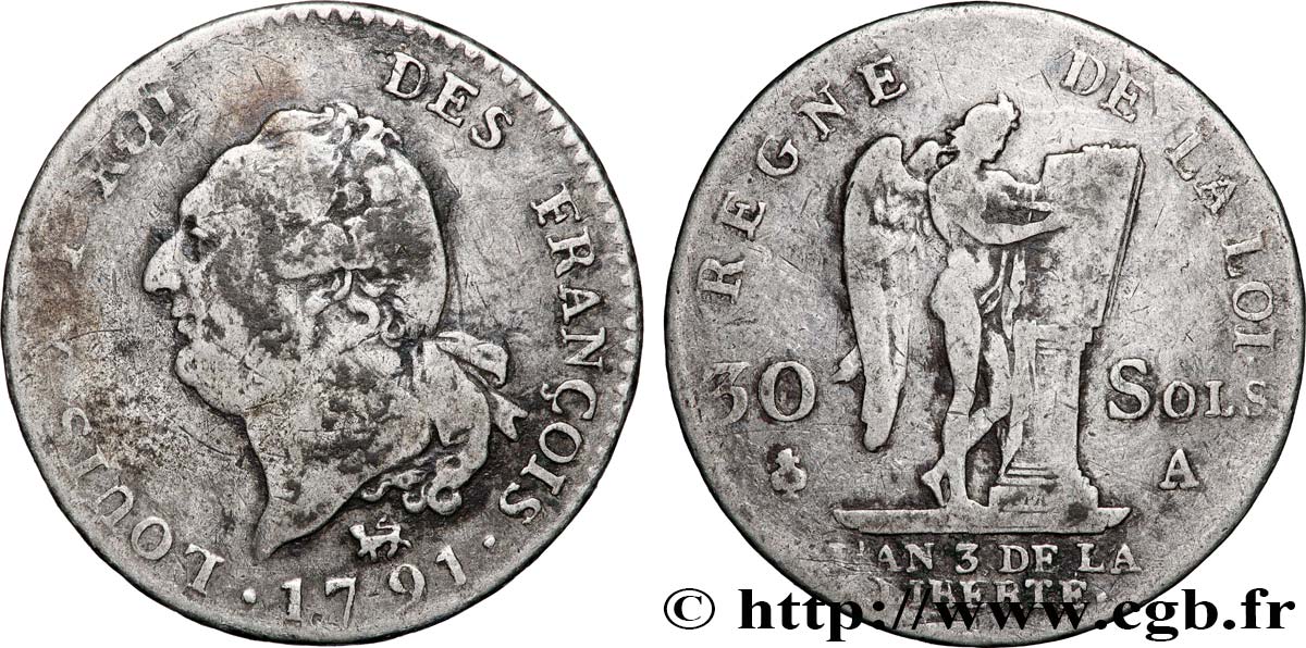 LOUIS XVI (MONARQUE CONSTITUTIONNEL)  30 sols dit &nbsp;au génie&nbsp;, type FRANÇOIS 1791 Paris TB+