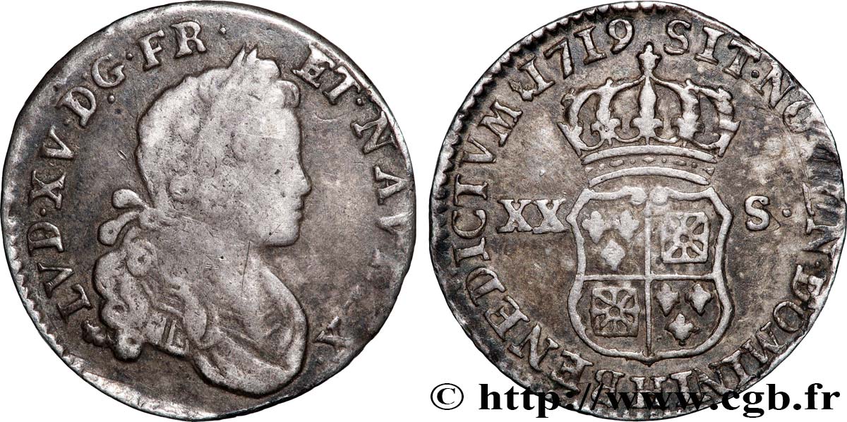 LOUIS XV DIT LE BIEN AIMÉ Sixième d’écu à l’écu écartelé de France et de Navarre 1719 La rochelle TTB